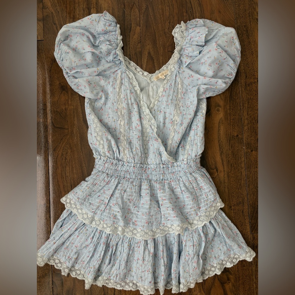 LoveShackFancy Carlo Bella Blue Floral Ruffle Tiered Mini Dress